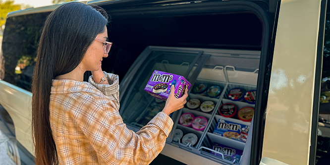 Woman looking at ice cream from vending truck