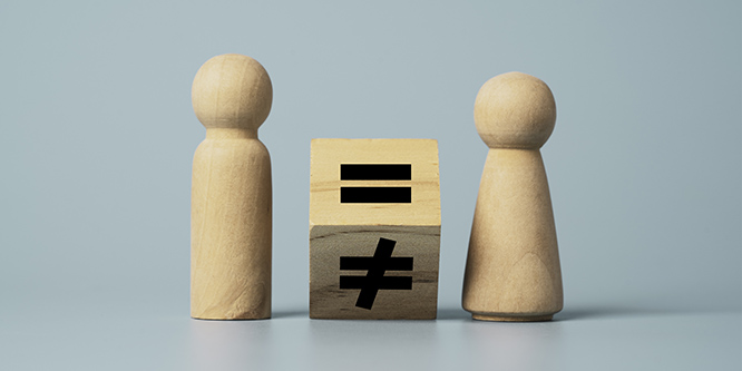 Illustration of men and women with an equal/not equal block in the middle
