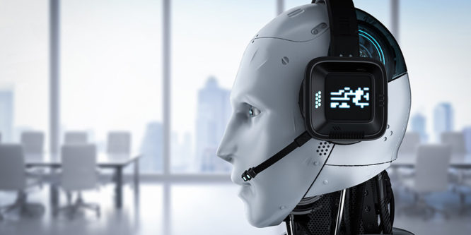 Chat bot concept with 3d rendering humanoid robot with headset