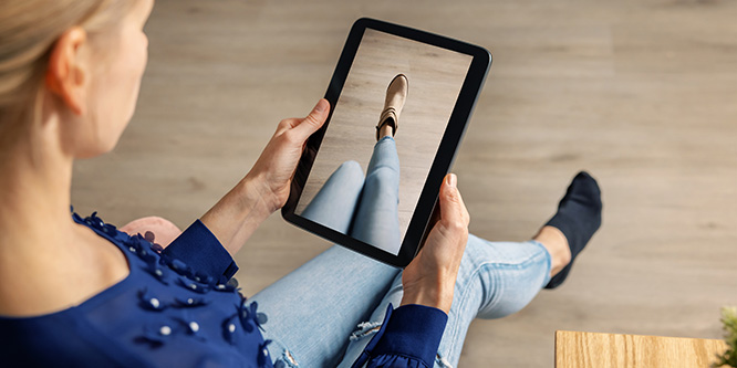 virtual fitting room - woman trying on shoes online with digital tablet