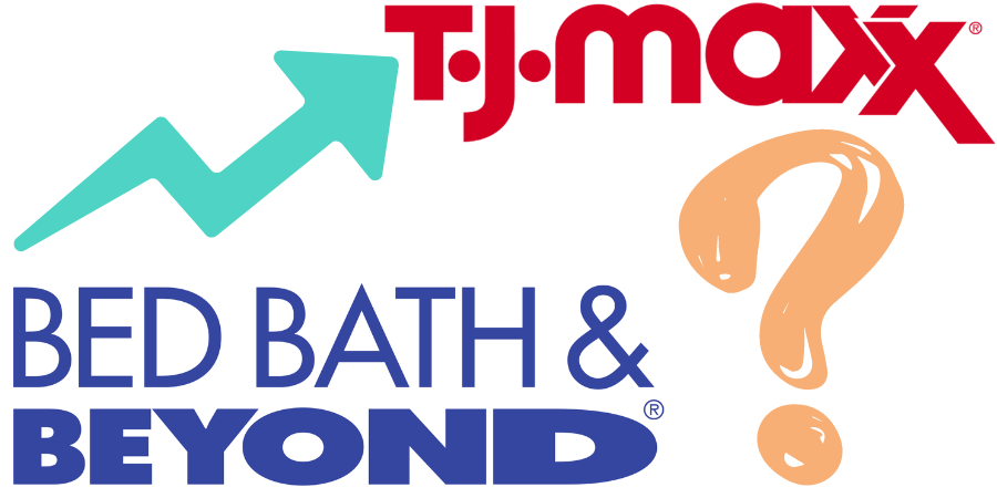 Words "Bed Bath & Behond" with an arrow pointing up to "T.J.Maxx" and a big question mark