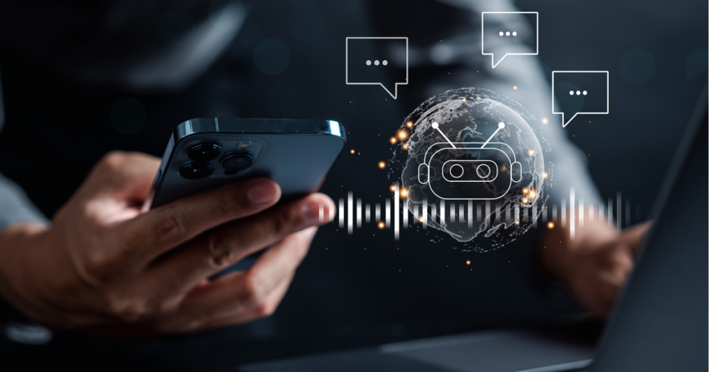 Person holding a phone next to an AI bot