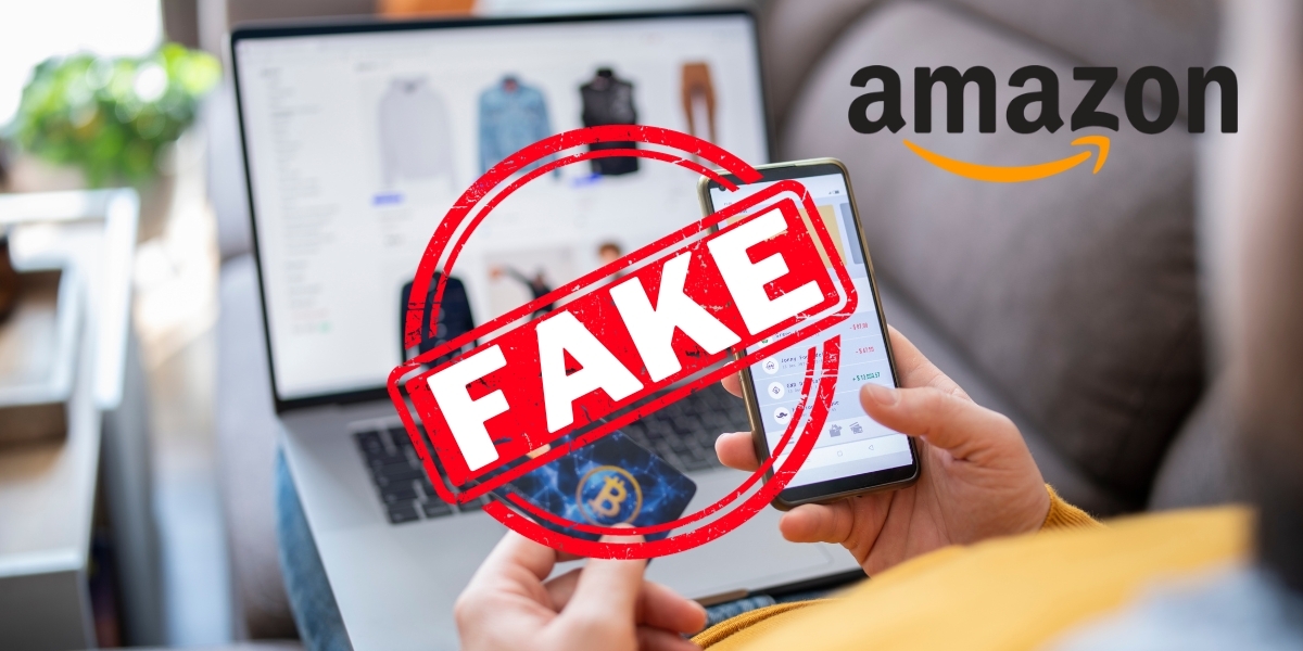Image of someone buying something online with the word "fake" over it and "Amazon" in the corner