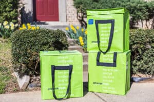Amazon Fresh insulated grocery delivery bags on front porch closeup