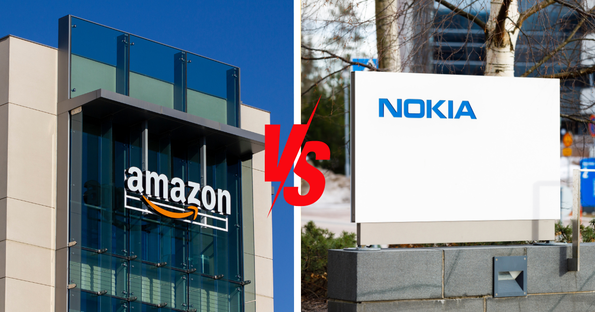 Amazon sign on the left, Nokia sign on the right