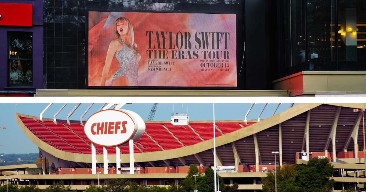 Top half is a sign for the Taylor Swift Eras Tour, bottom half is the Chiefs stadium
