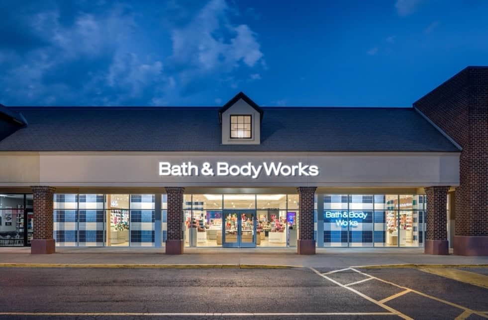 The exterior of a newly revamped Bath & Body Works store.