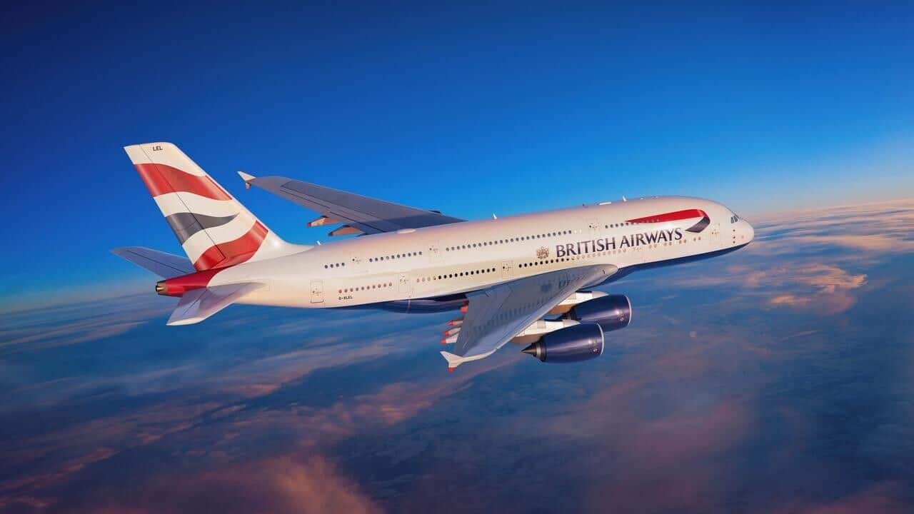 A British Airways Airbus A380 in flight.