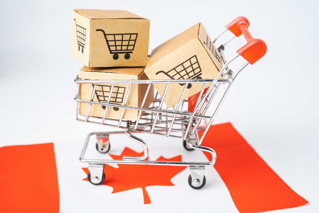 Box with shopping online cart logo and Canada flag