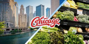 City of Chicago on the left, image of vegetables in a grocery store on the right