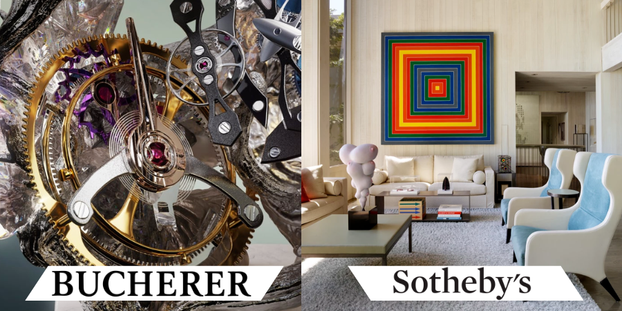 Left half images of clock parts with the logo for Bucherer, and right half is an image of a living room with a logo for Sotheby's