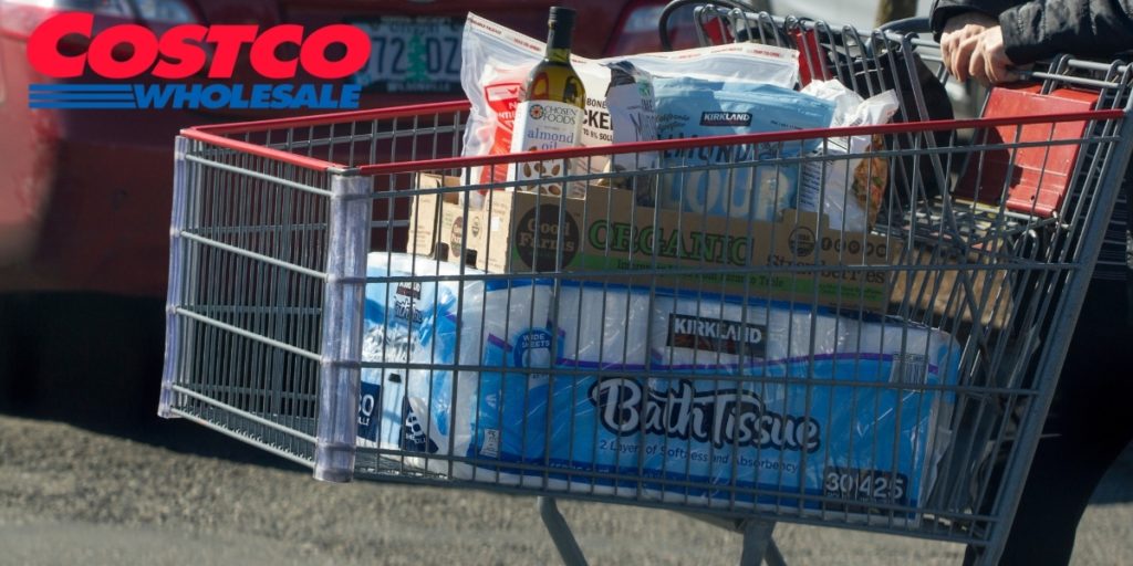 Costco shopping cart full of Kirkland products