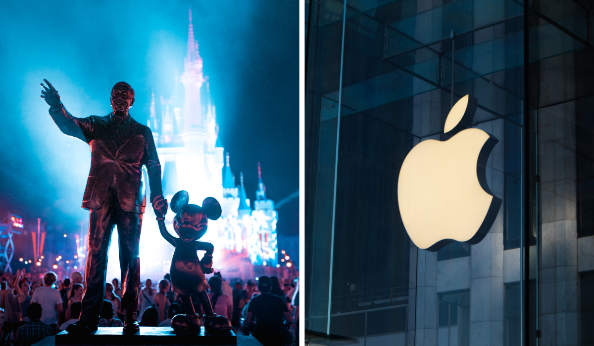 Photo of Disney on the left, Apple logo on the right