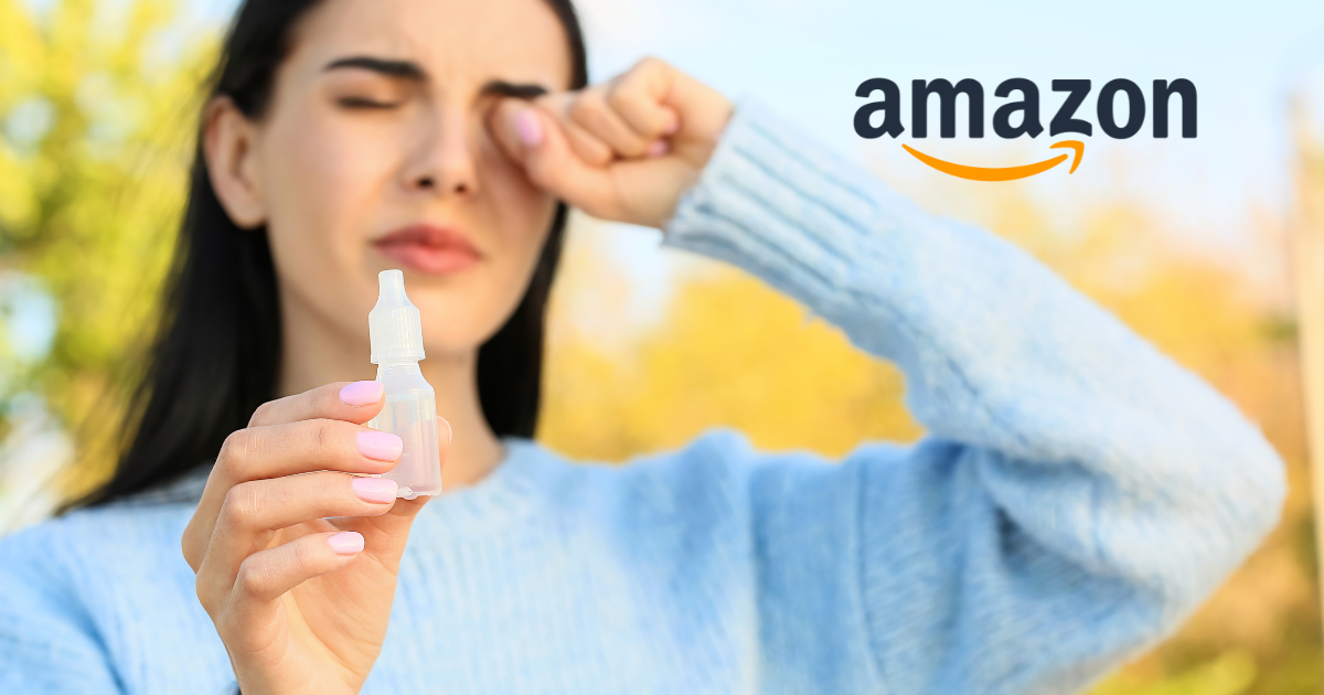 Woman rubbing her eyes holding eye drops next to the Amazon logo