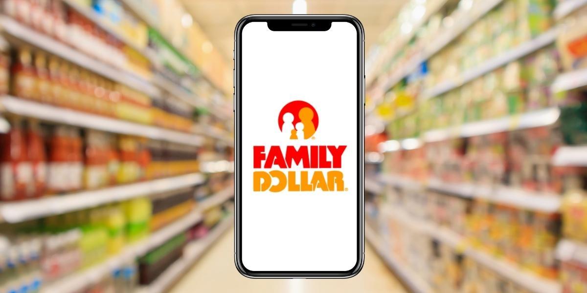 Blurred image of a store with a phone in the middle of the photo that says "Family Dollar"