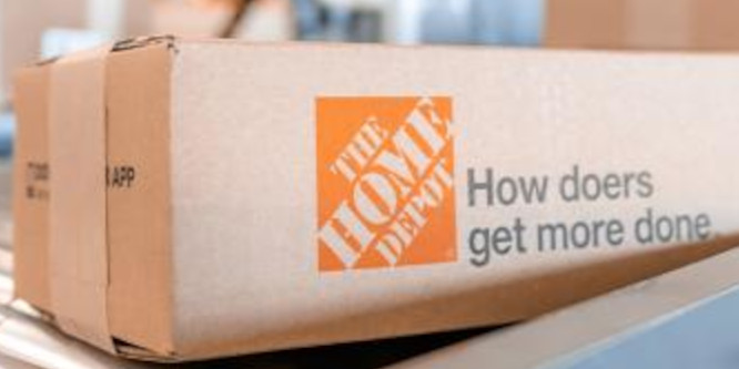 Side view of a Home Depot box sitting on a shelf