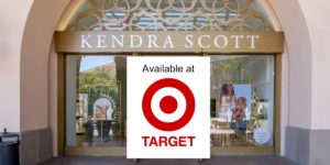 Front of a Kendra Scott store with a sticker on top that says "Available at Target"