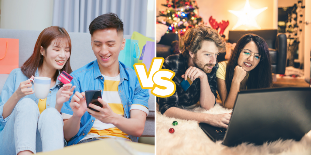 Two people shopping on a phone on the left and a laptop on the right