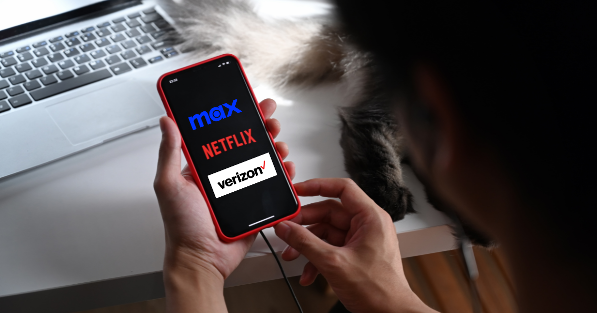 Image of a phone with the logos for Netflix, Max, and Verizon