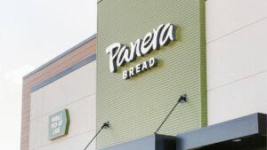 The exterior of a Panera restaurant.
