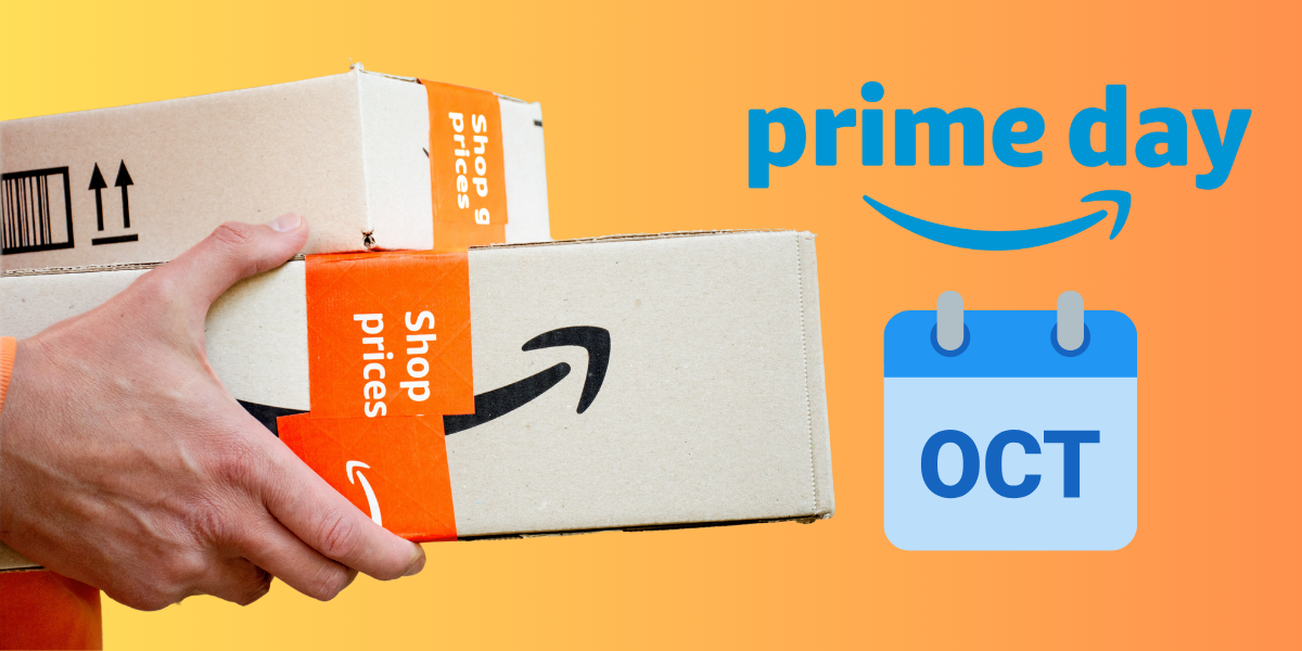 Close-up of hands holding Amazon packages next to the words "Prime Day" and "Oct" on a small calendar