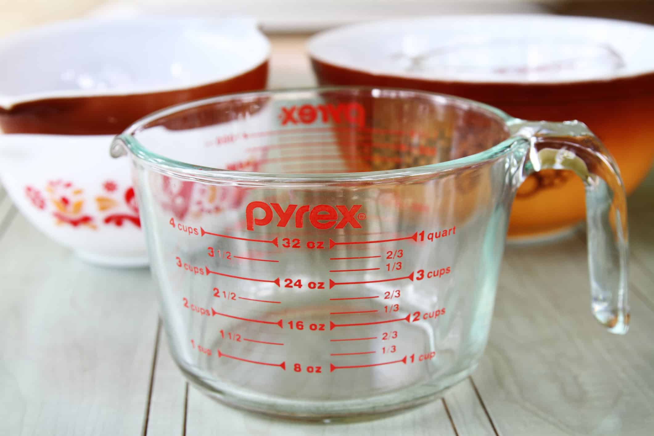 Pyrex measuring cup and mixing bowls
