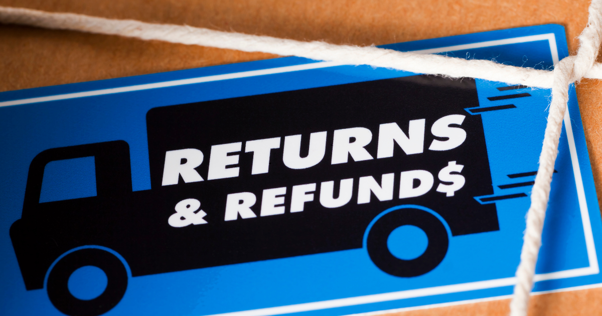 The words "Returns & refunds" on a sticker of a truck on a box