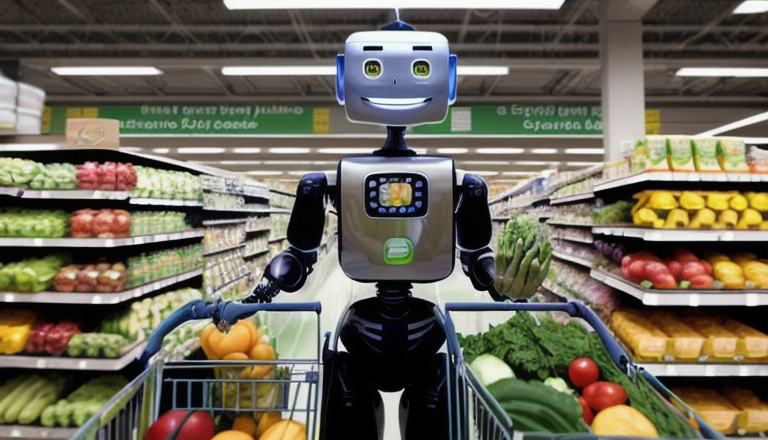Photo of a robot pushing two shopping carts in a grocery store