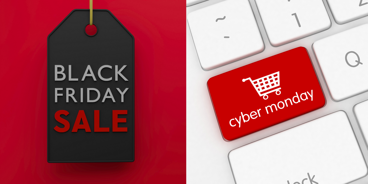 Tag with "Black Friday Sale" on the left, keyboard with "Cyber Monday" on a key on the right