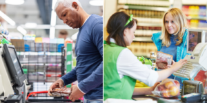 Man at a self-checkout machine on the left, woman with a cashier on the right