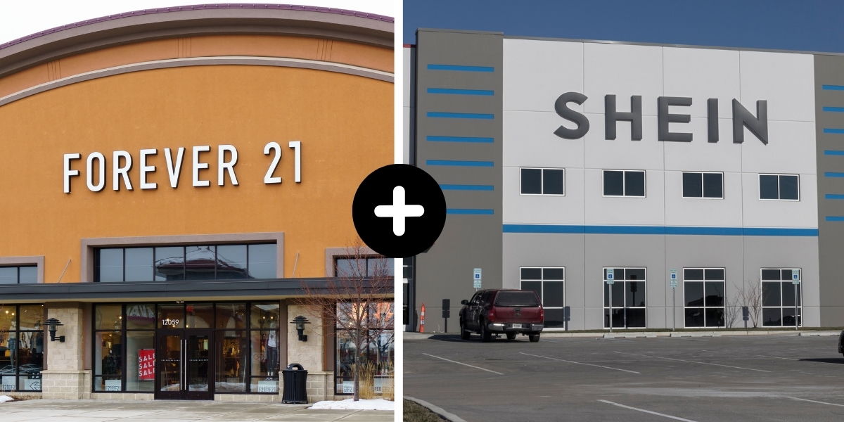 Image of the outside of a Forever 21 next to the outside of SHEIN