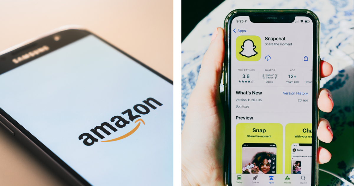 Phone with Amazon logo on the left, Snapchat screen on the right