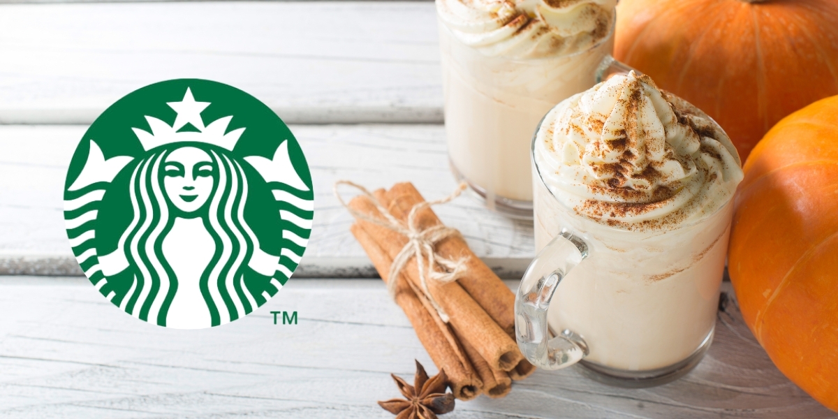 Starbucks logo next to pumpkin spice lattes and pumpkins