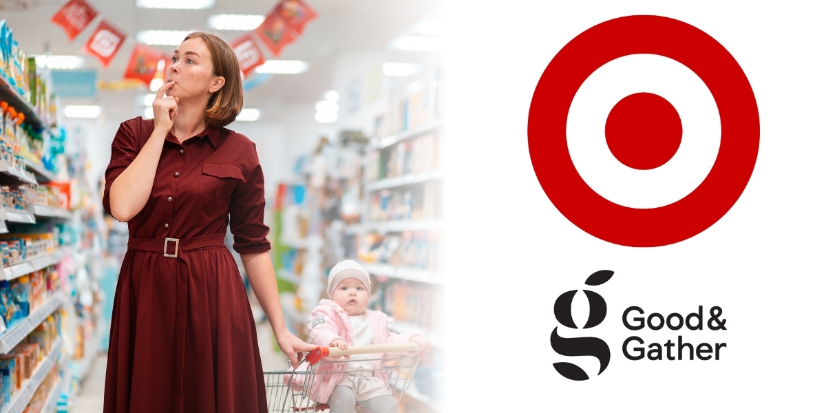 Woman shopping with her baby on the left, Target and Good & Gather logos on the right
