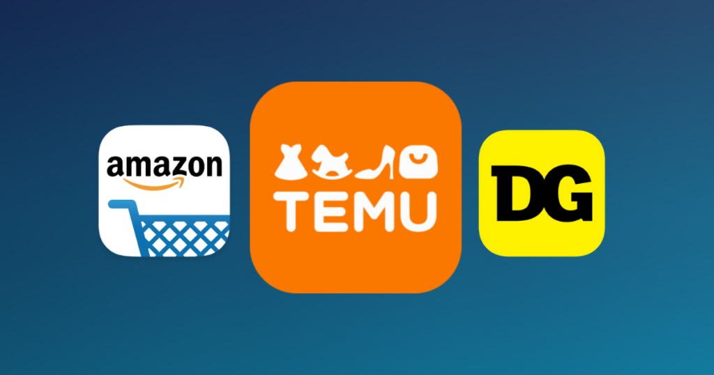 Amazon, Temu, and Dollar General logos