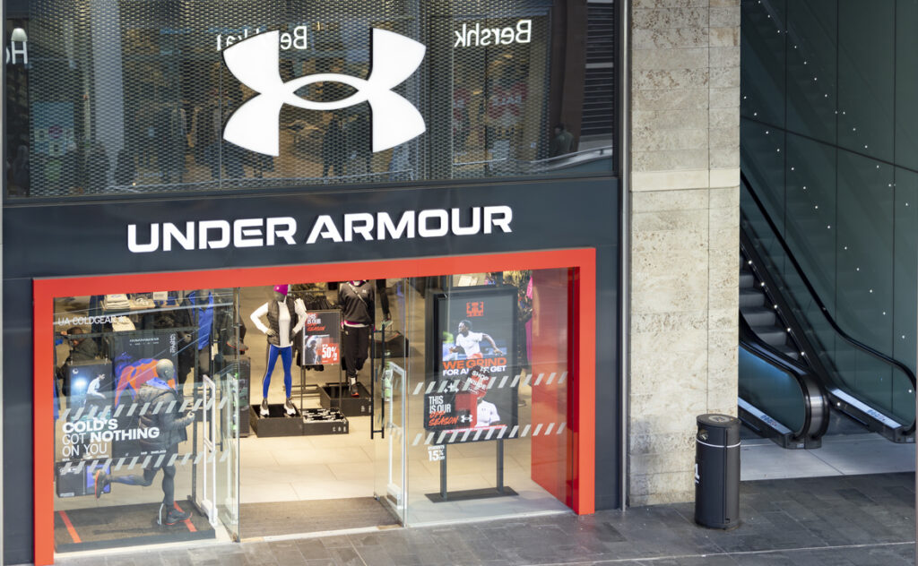 Under Armour storefront at Liverpool one retail. an American company that manufactures footwear, sports and casual apparel.