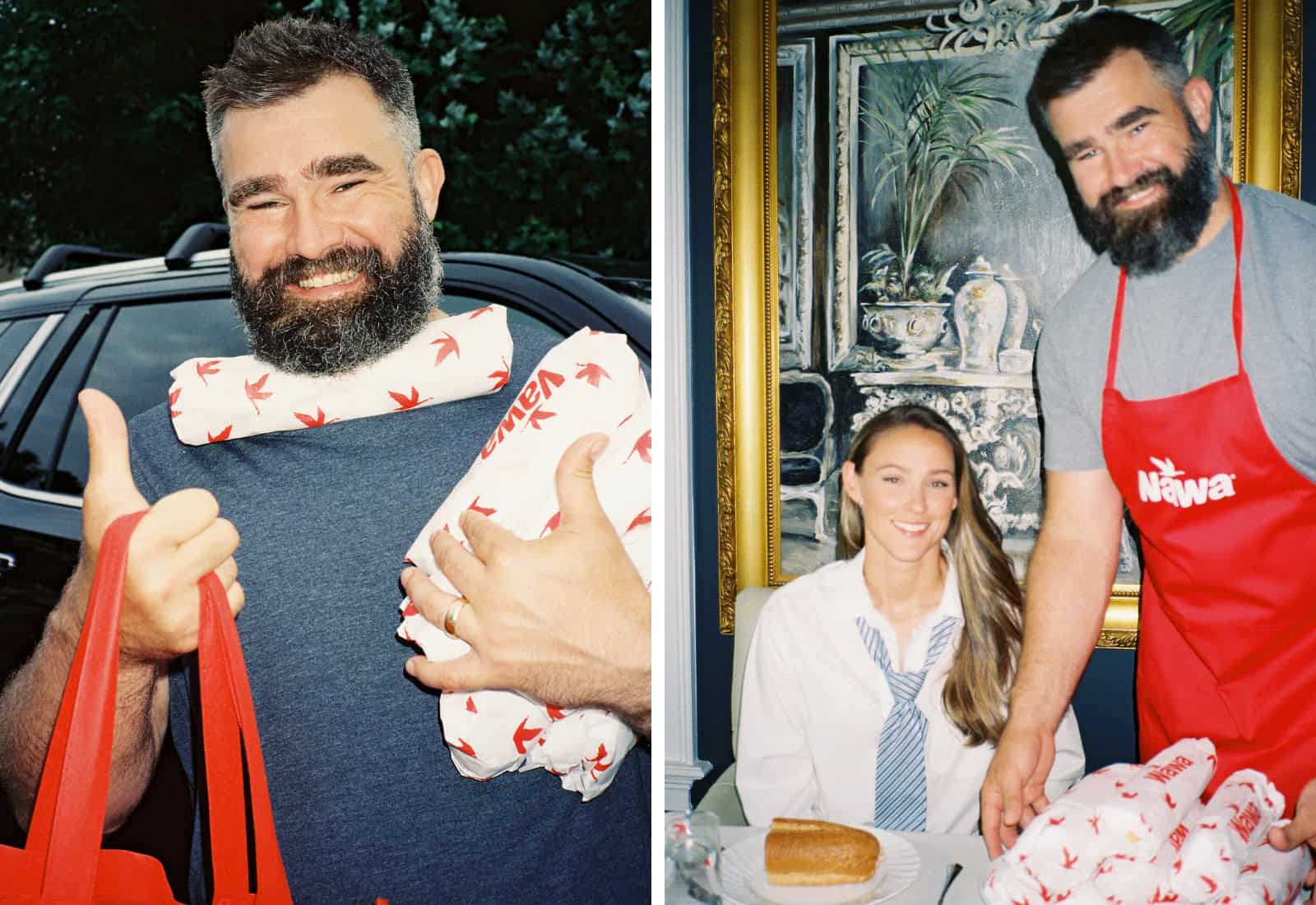 Jason Kelce holding Wawa sandwiches in a new promotion
