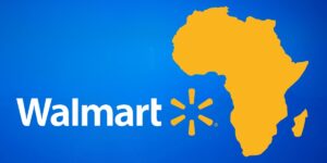 Walmart logo next to an outline of Africa