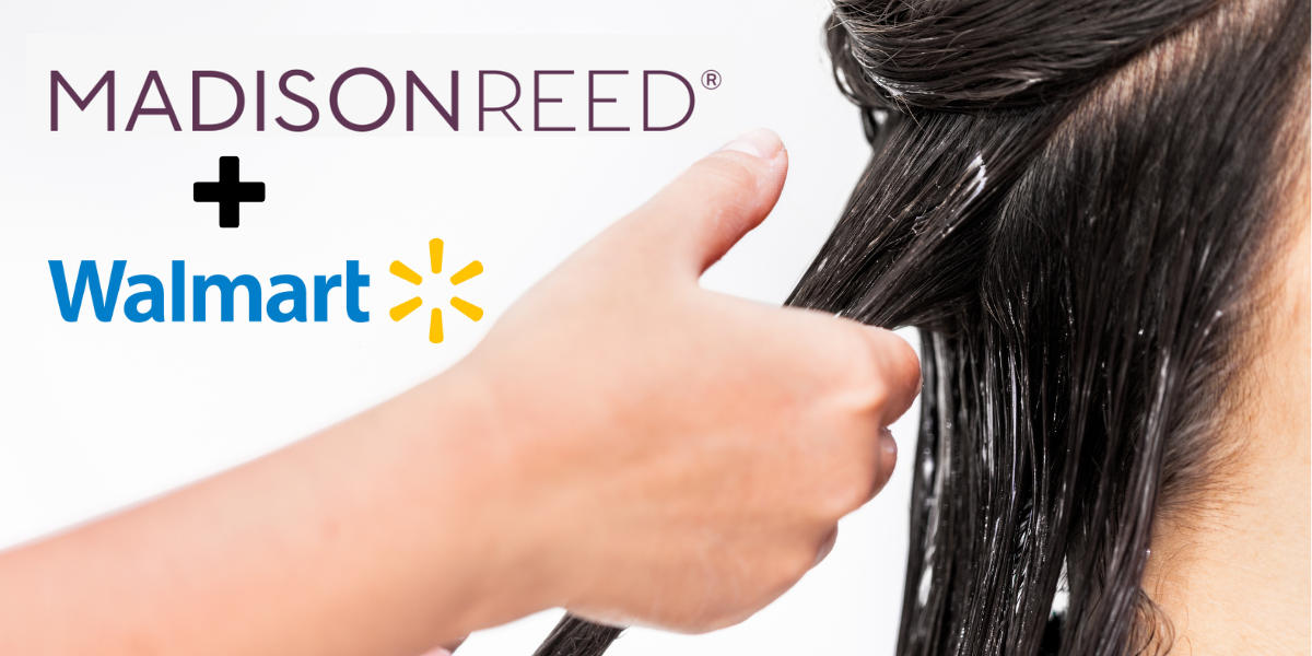 Image of a woman's hair next to the logos for Madison Reed and Walmart