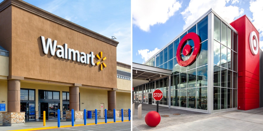 Left side of image is the outside of a Walmart, and right side is the outside of a Target