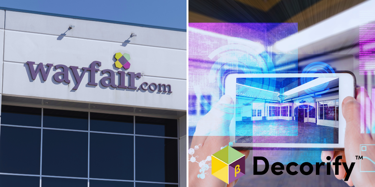 On the left, the front of a Wayfair store, and on the right an ad for Decorify