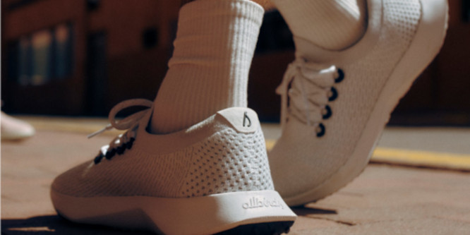 Close up on feet wearing white Allbirds shoes and high white socks, Allbirds logo visible on top heel of one shoe.