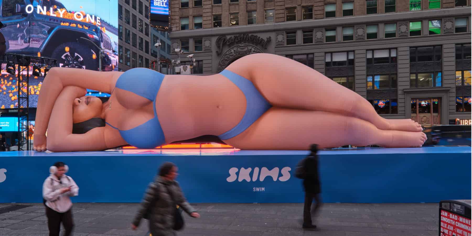 A balloon of Kim Kardashian advertising SKIMS in New York's Times Square