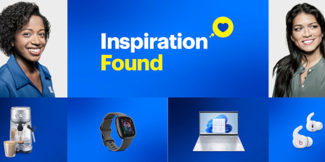 Image made up of squares with differing shades of blue background, on the top half a woman on either side of the words Inspiration Found, top word in white, bottom in yellow, bottom squares each containing an electronic device