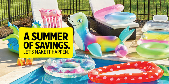 Image of inflatable toys in a pool including an inflatable seal. Superimposed over image on the left, a yellow square that reads in black text 