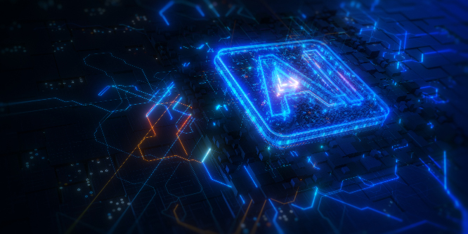 Artificial Intelligence AI On Circuit Board. Future Technology Concept Visualization. Big Data Transmission Connection. AI Analyzes Technology Digital Data Network Abstract Background. 3d rendering