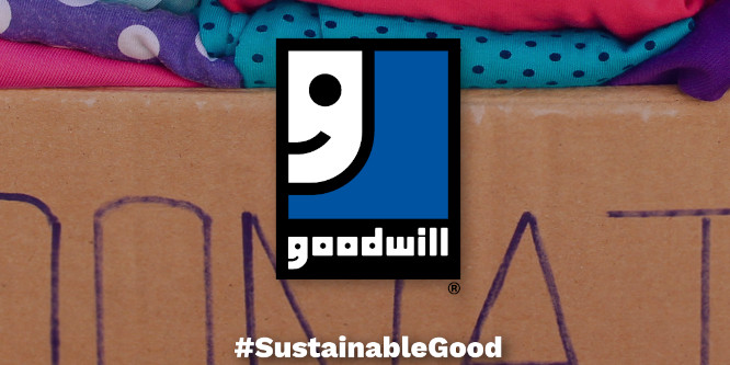 Goodwill logo and text #SustainableGood superimposed over cardboard box, partial visible, on which is handwritten "donate." Blue polka-dotted blanket sits on top of box