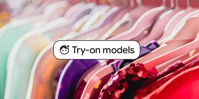 Close up of multicolored dresses on hangers at shoulder level, with a button reading "Try-on models" superimposed over the center of the picture