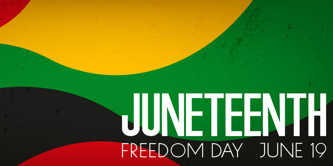 Yellow, green, black and red design background with lettering on the bottom right that reads Juneteenth, subtitled Freedom Day, June 19