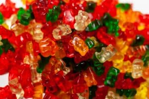 Red dye no. 3 concept. An assortment of colored gummy bears